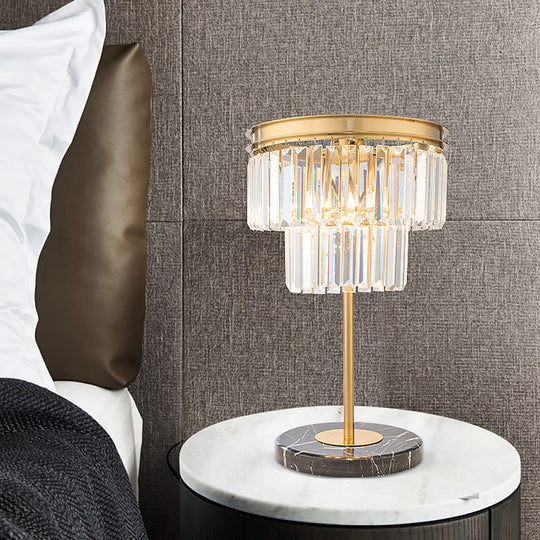 Gold Study Lamp With Clear Crystal Cylinder Design 3-Bulb Modern Reading Light On Marble Base