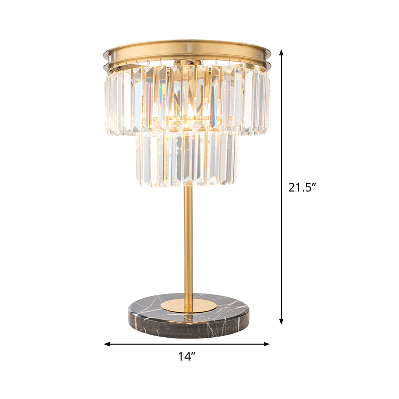 Gold Study Lamp With Clear Crystal Cylinder Design 3-Bulb Modern Reading Light On Marble Base