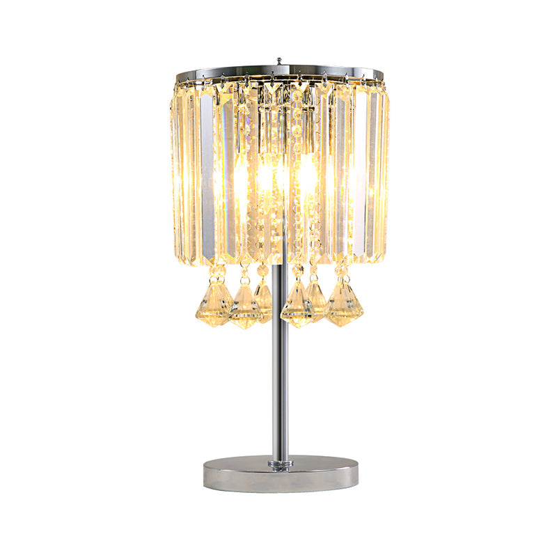 Crystal Teardrop Chrome Table Lamp With Modern Faceted Drum Shades - 2 Head Task Light