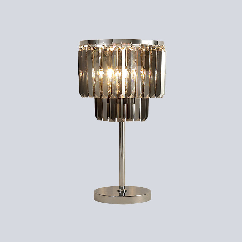 Modernist Smoke Grey Crystal Cylindrical Desk Lamp With 2 Heads - Ideal For Dining Room