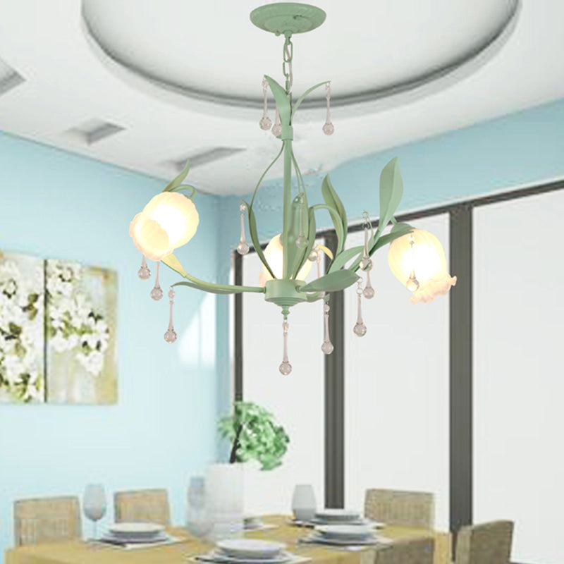 Opaline Glass Led Pendant Chandelier Light Korean Garden Floral Design Available In Pink/Green Ideal