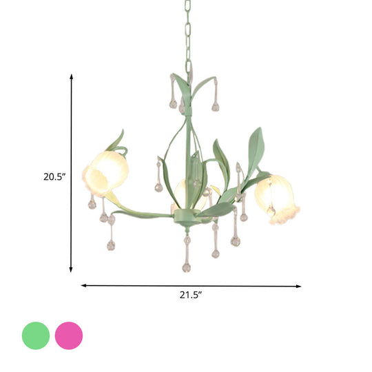 Opaline Glass Led Pendant Chandelier Light Korean Garden Floral Design Available In Pink/Green Ideal