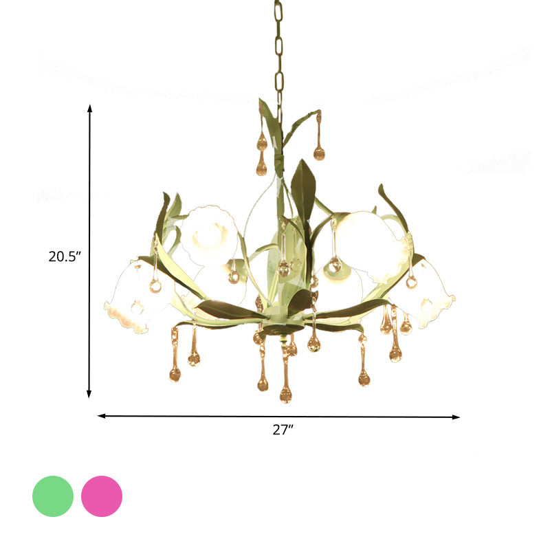 Opaline Glass Led Pendant Chandelier Light Korean Garden Floral Design Available In Pink/Green Ideal