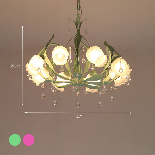 Opaline Glass Led Pendant Chandelier Light Korean Garden Floral Design Available In Pink/Green Ideal