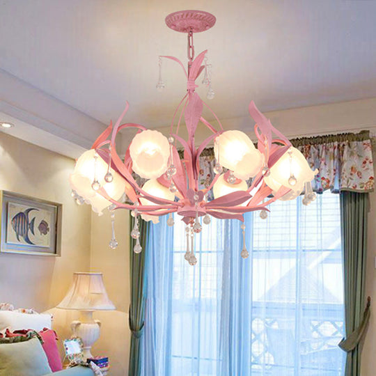 Opaline Glass Led Pendant Chandelier Light Korean Garden Floral Design Available In Pink/Green Ideal