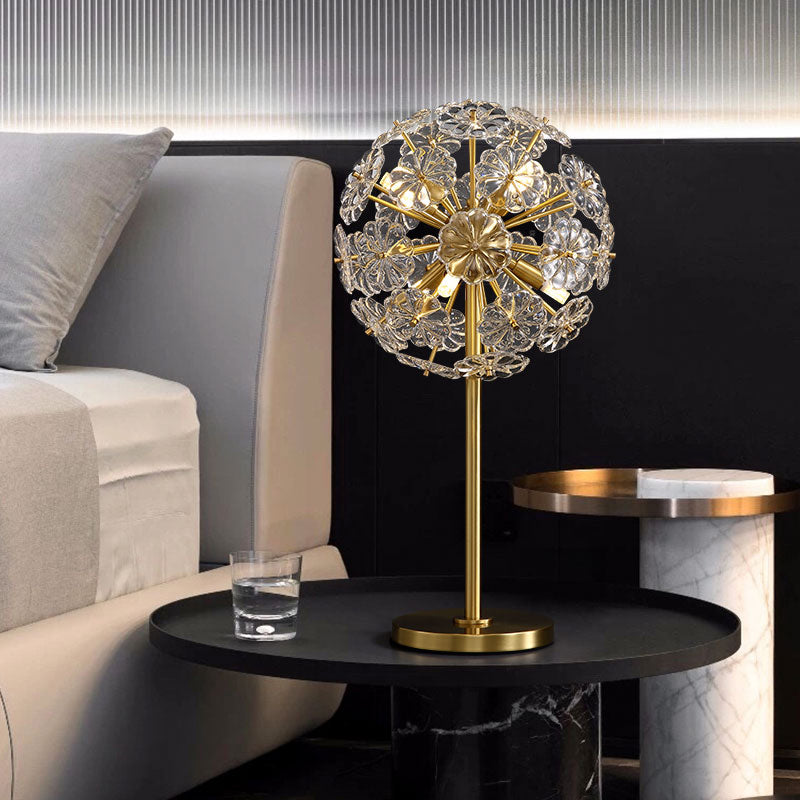 Contemporary Gold Table Lamp With 6 Floral-Shaped Clear Crystal Heads