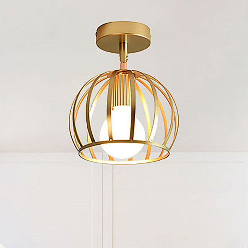 Triangle Brass Semi-Flush Bedroom Ceiling Lamp with Industrial Wire Frame