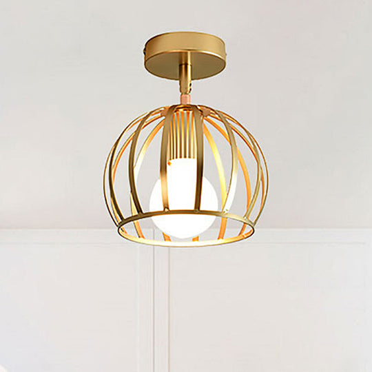 Triangle Brass Semi-Flush Bedroom Ceiling Lamp with Industrial Wire Frame