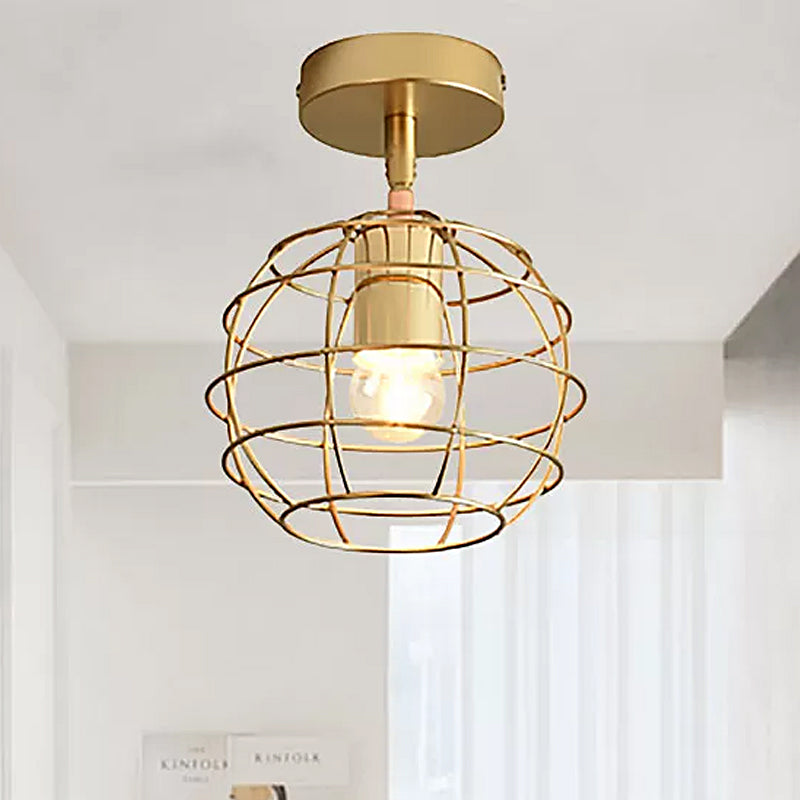 Triangle Brass Semi-Flush Bedroom Ceiling Lamp with Industrial Wire Frame