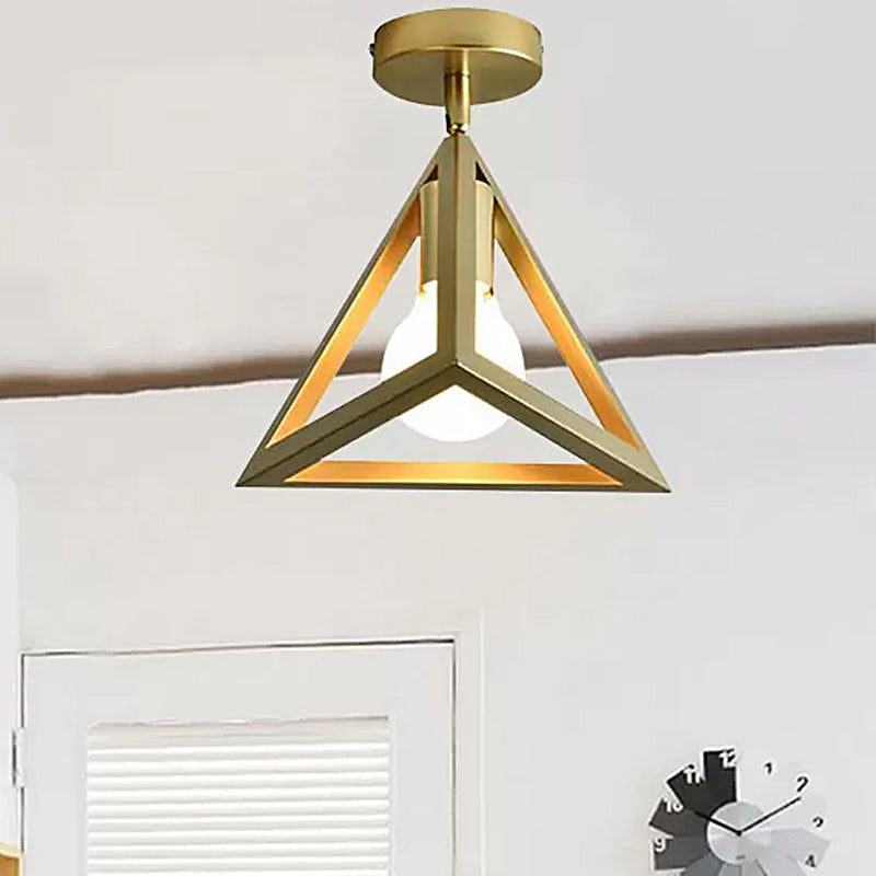 Triangle Brass Semi-Flush Bedroom Ceiling Lamp with Industrial Wire Frame