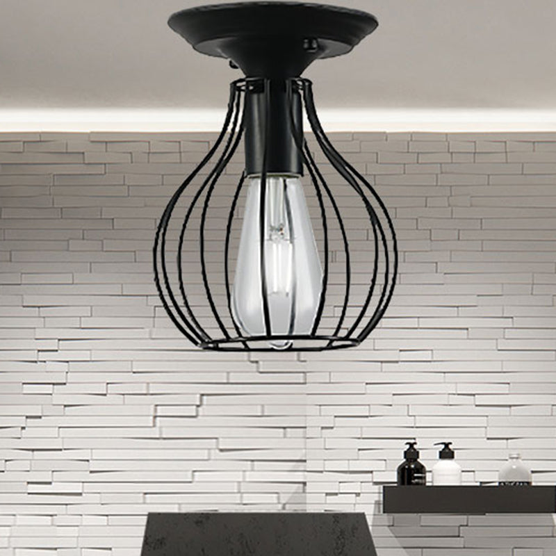 Industrial Stylish Black Iron Ceiling Lamp - Oval/Bell Cage Design, 1 Head Semi Flush Pendant Light for Corridor