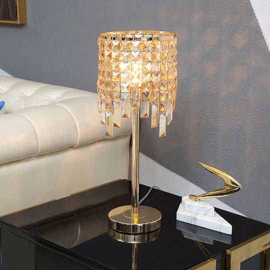 Modern Cylinder Desk Lamp With Amber/Clear Crystal - Ideal For Small Dining Rooms 1 Bulb Amber