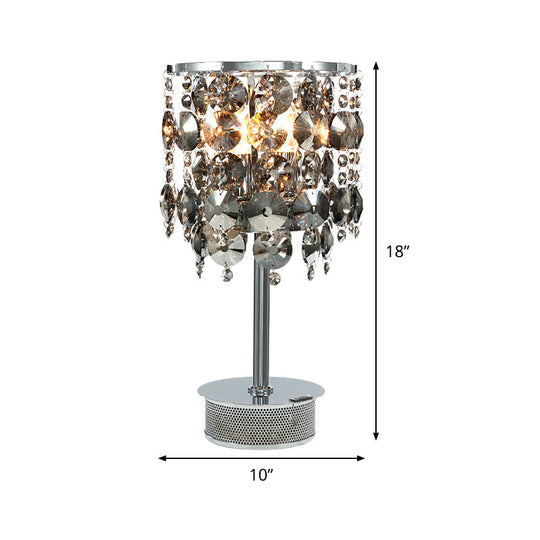 Modern Smoke Gray Crystal Cylindrical Table Lamp - 2 Heads Living Room Nightstand Light