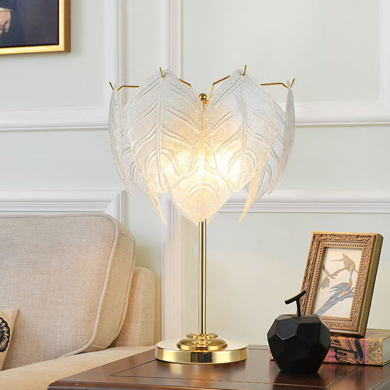 Modernist Hand-Cut Crystal Leaf Reading Light - 3/4 Bulbs 14/16 Wide Gold Nightstand Lamp