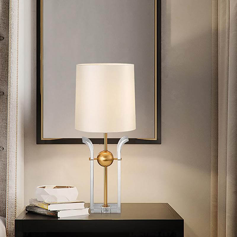 Modern White Desk Lamp With Crystal Base Barrel Shade For Reading