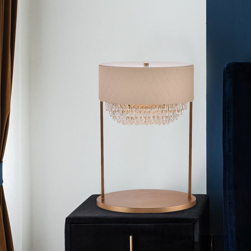 Modernist Gold Tiered Desk Lamp With Crystal Faceted Table Light & Leather Shade