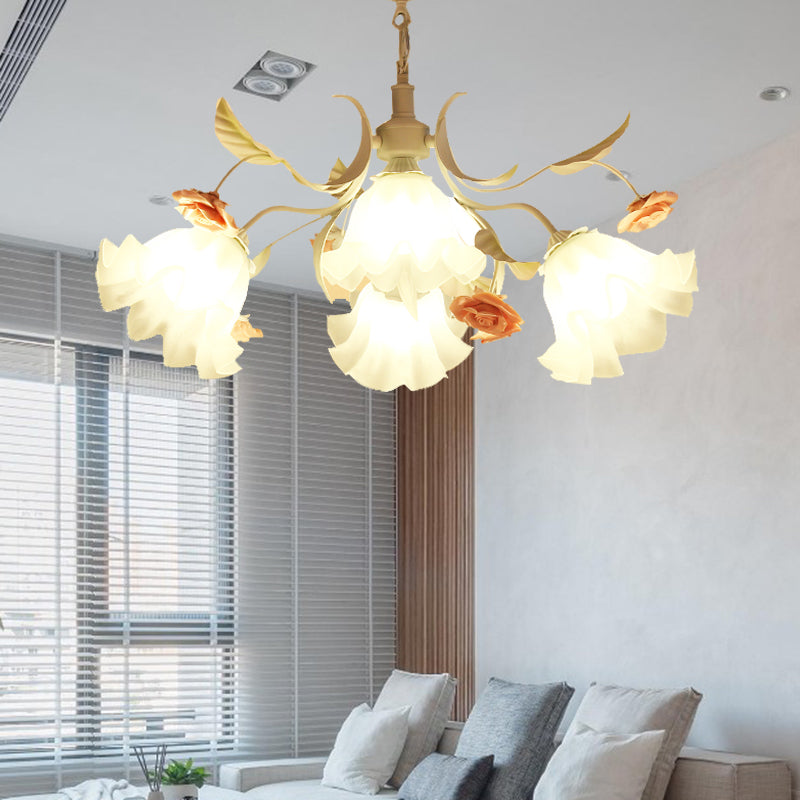 Pastoral Scalloped Pendant Chandelier With Metal Frame And Rose Decoration - White 4/6/9 Heads