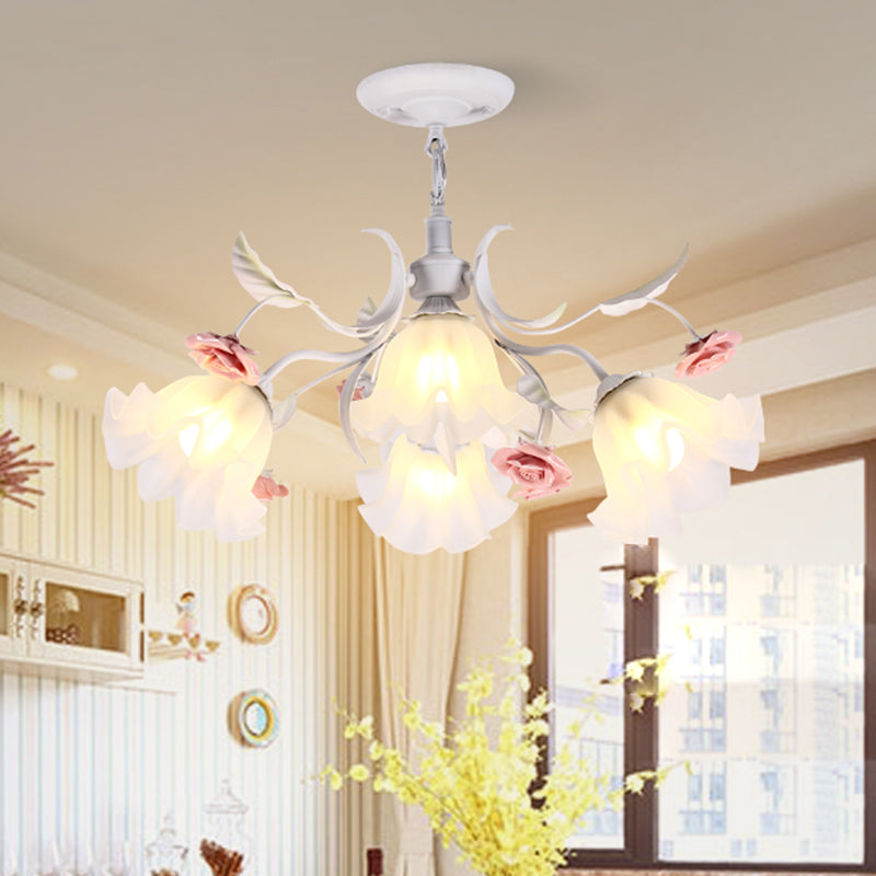 Pastoral Scalloped Pendant Chandelier With Metal Frame And Rose Decoration - White 4/6/9 Heads