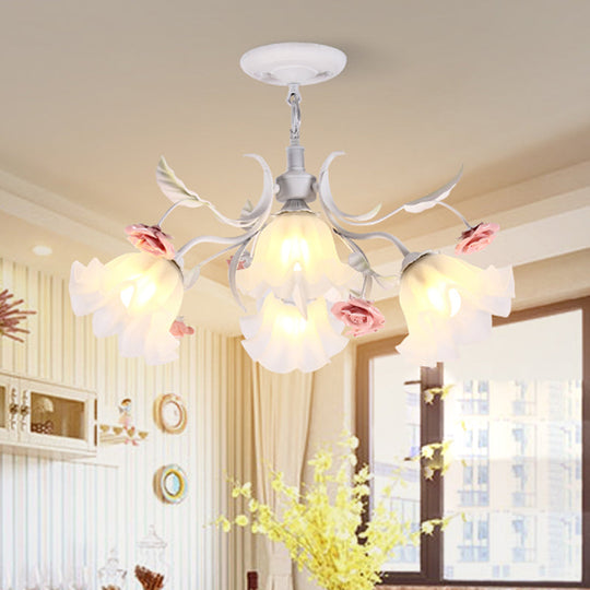 Pastoral Scalloped Pendant Chandelier With Metal Frame And Rose Decoration - White 4/6/9 Heads