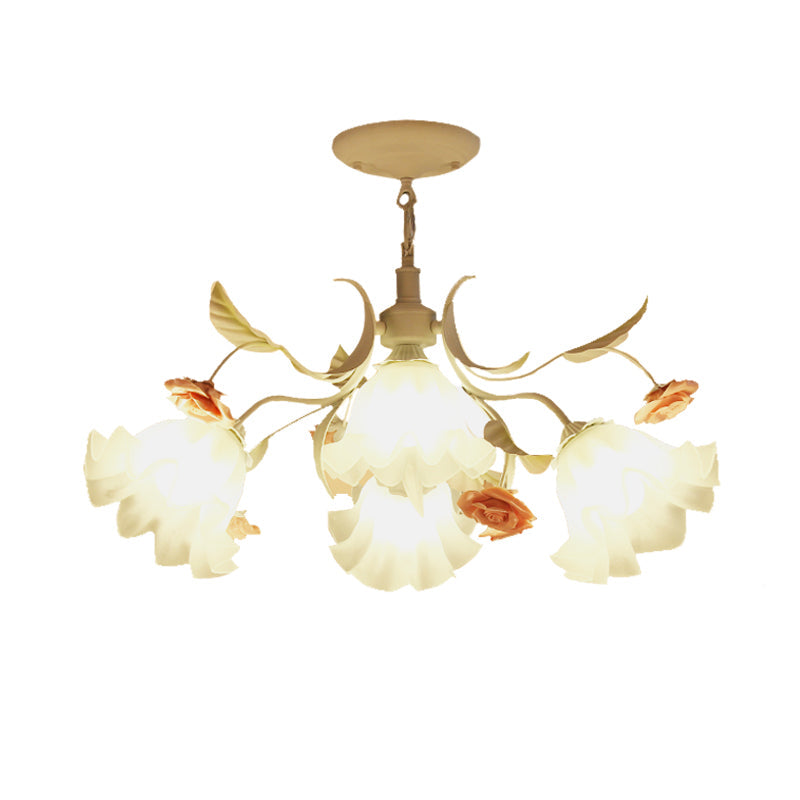 Pastoral Scalloped Pendant Chandelier With Metal Frame And Rose Decoration - White 4/6/9 Heads