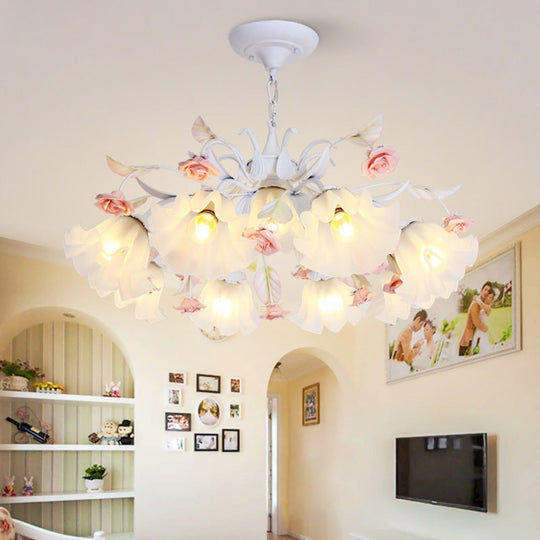 Pastoral Scalloped Pendant Chandelier With Metal Frame And Rose Decoration - White 4/6/9 Heads