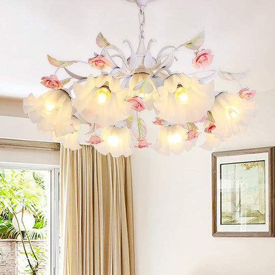 Pastoral Scalloped Pendant Chandelier With Metal Frame And Rose Decoration - White 4/6/9 Heads