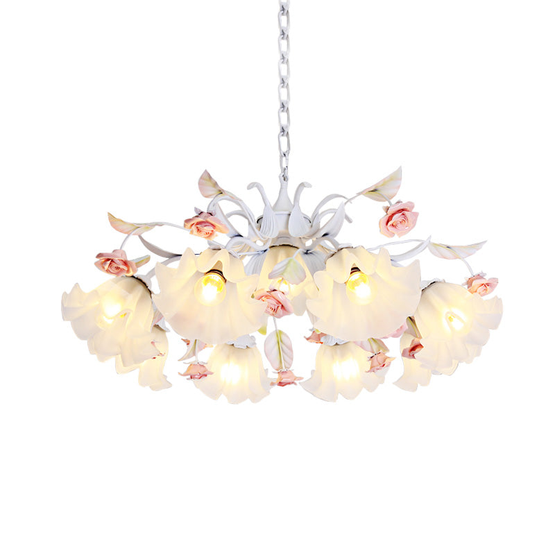 Pastoral Scalloped Pendant Chandelier With Metal Frame And Rose Decoration - White 4/6/9 Heads