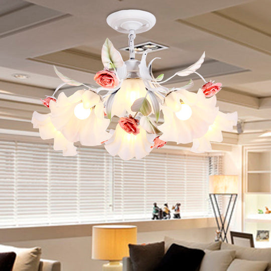 Pastoral Scalloped Pendant Chandelier With Metal Frame And Rose Decoration - White 4/6/9 Heads