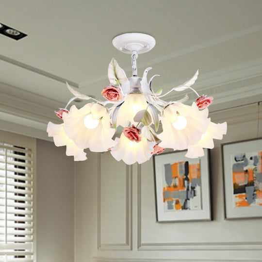 Pastoral Scalloped Pendant Chandelier With Metal Frame And Rose Decoration - White 4/6/9 Heads