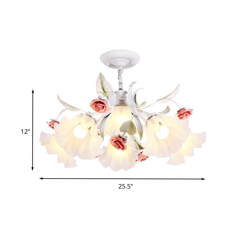 Pastoral Scalloped Pendant Chandelier With Metal Frame And Rose Decoration - White 4/6/9 Heads