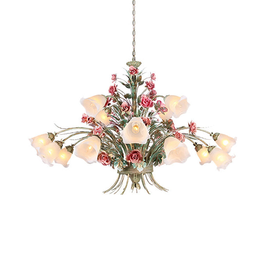 Country Style Metal Chandelier With Curving Arm - 16-Bulb Led Flower Pendant Light Green Ideal For