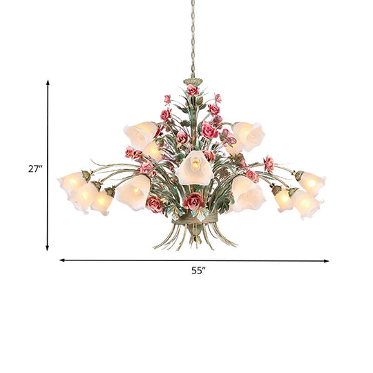 Country Style Metal Chandelier With Curving Arm - 16-Bulb Led Flower Pendant Light Green Ideal For