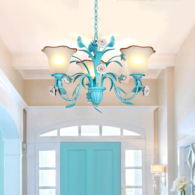 Pastoral Flared Chandelier Pendant Light - Metal Led Suspension Lighting In Blue With Rose Decor