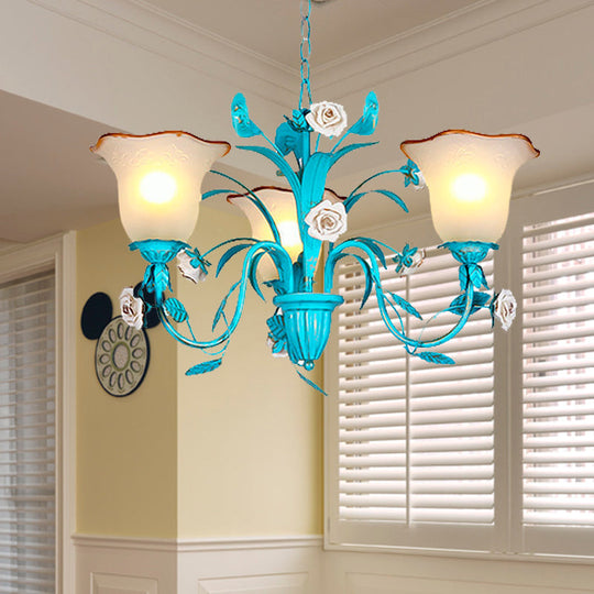 Pastoral Flared Chandelier Pendant Light - Metal Led Suspension Lighting In Blue With Rose Decor