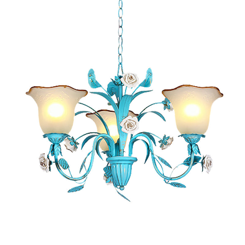 Pastoral Flared Chandelier Pendant Light - Metal Led Suspension Lighting In Blue With Rose Decor