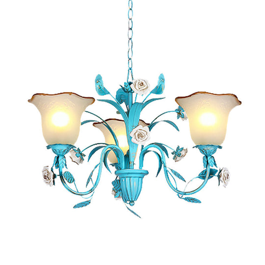 Pastoral Flared Chandelier Pendant Light - Metal Led Suspension Lighting In Blue With Rose Decor