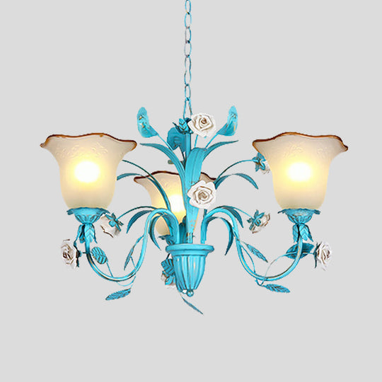 Pastoral Flared Chandelier Pendant Light - Metal Led Suspension Lighting In Blue With Rose Decor