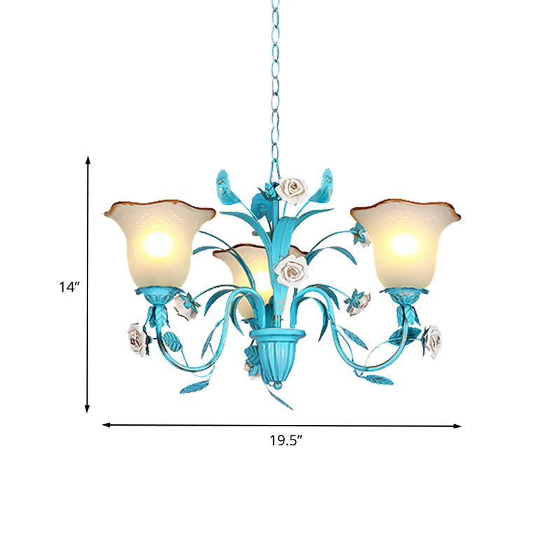 Pastoral Flared Chandelier Pendant Light - Metal Led Suspension Lighting In Blue With Rose Decor