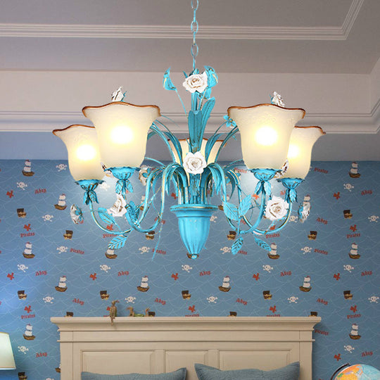 Pastoral Flared Chandelier Pendant Light - Metal Led Suspension Lighting In Blue With Rose Decor