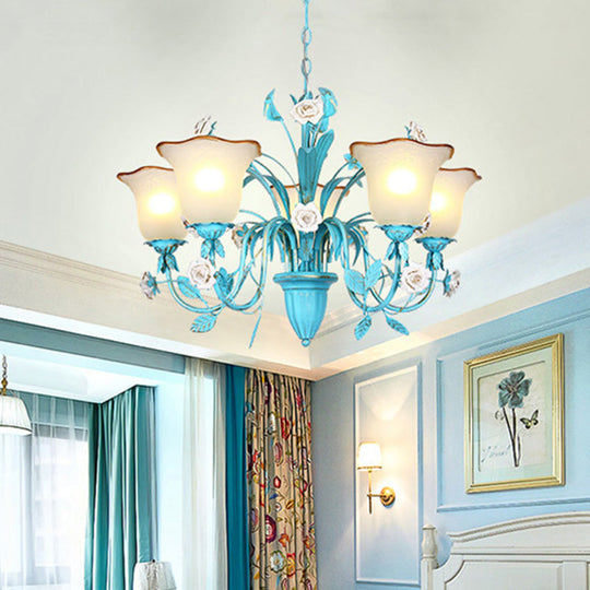 Pastoral Flared Chandelier Pendant Light - Metal Led Suspension Lighting In Blue With Rose Decor