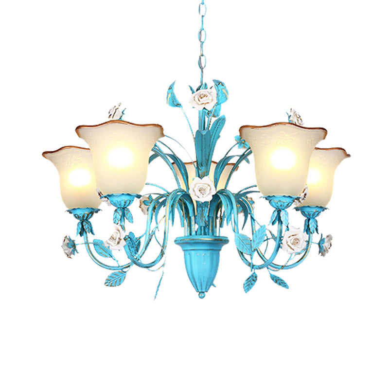 Pastoral Flared Chandelier Pendant Light - Metal Led Suspension Lighting In Blue With Rose Decor