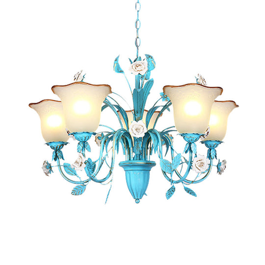 Pastoral Flared Chandelier Pendant Light - Metal Led Suspension Lighting In Blue With Rose Decor