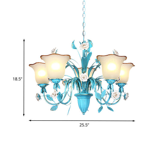 Pastoral Flared Chandelier Pendant Light - Metal Led Suspension Lighting In Blue With Rose Decor