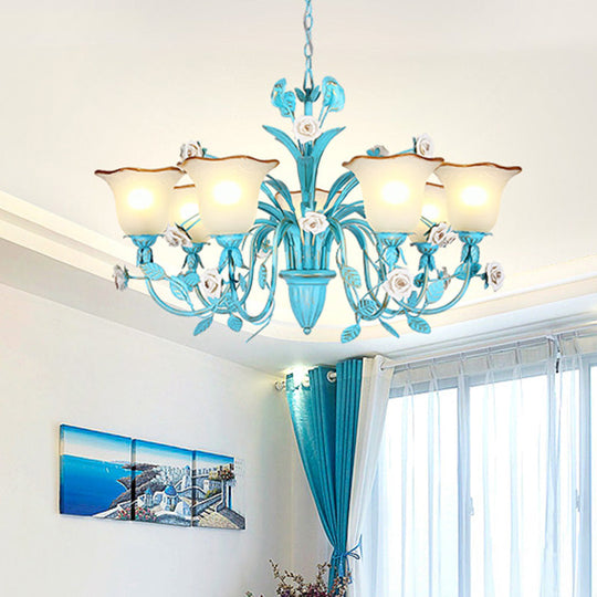 Pastoral Flared Chandelier Pendant Light - Metal Led Suspension Lighting In Blue With Rose Decor