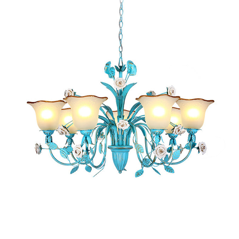 Pastoral Flared Chandelier Pendant Light - Metal Led Suspension Lighting In Blue With Rose Decor