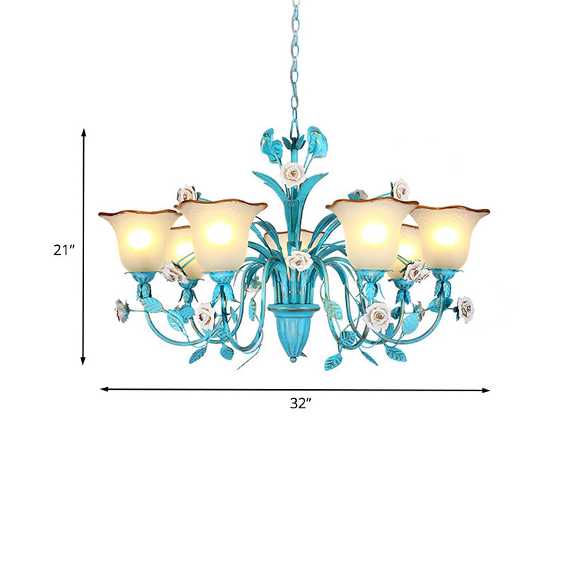 Pastoral Flared Chandelier Pendant Light - Metal Led Suspension Lighting In Blue With Rose Decor