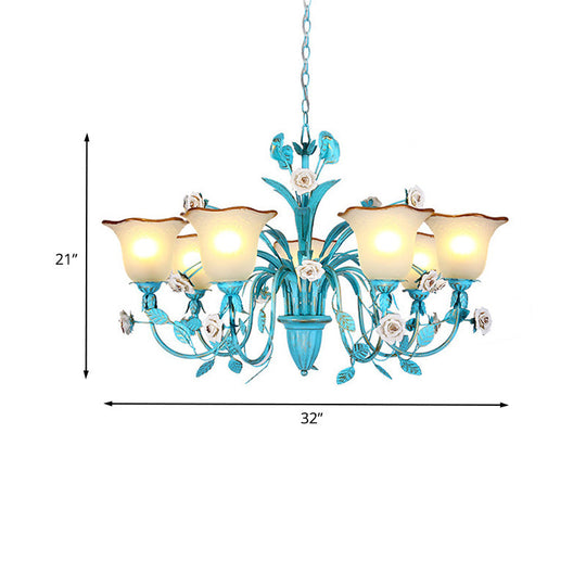 Pastoral Flared Chandelier Pendant Light - Metal Led Suspension Lighting In Blue With Rose Decor