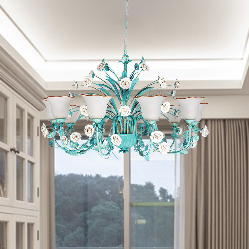 Pastoral Flared Chandelier Pendant Light - Metal Led Suspension Lighting In Blue With Rose Decor