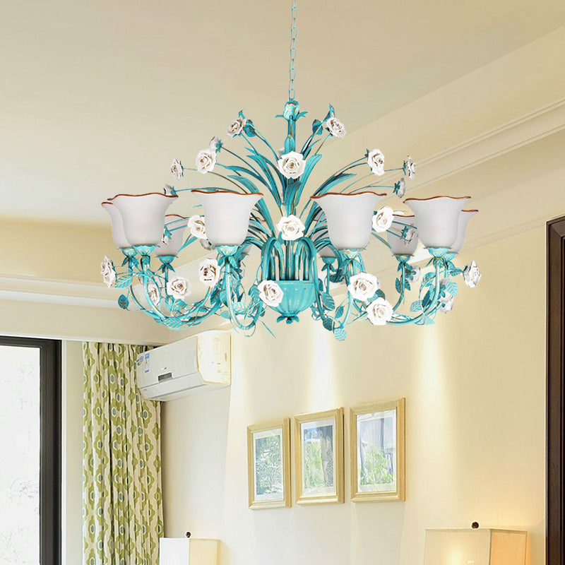 Pastoral Flared Chandelier Pendant Light - Metal Led Suspension Lighting In Blue With Rose Decor