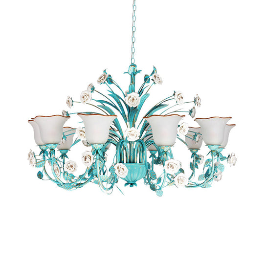 Pastoral Flared Chandelier Pendant Light - Metal Led Suspension Lighting In Blue With Rose Decor